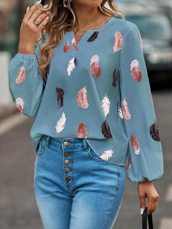 V Neck Feather Print Long Sleeve Oversized T-Shirt Shirt - 808Lush