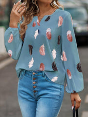 V Neck Feather Print Long Sleeve Oversized T-Shirt Shirt - 808Lush