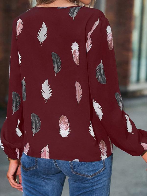 V Neck Feather Print Long Sleeve Oversized T-Shirt Shirt - 808Lush