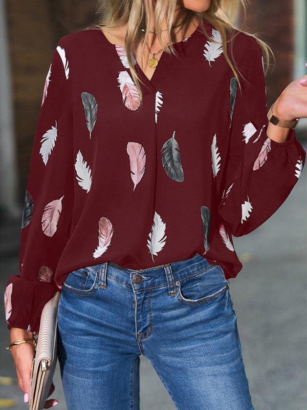 V Neck Feather Print Long Sleeve Oversized T-Shirt Shirt - 808Lush