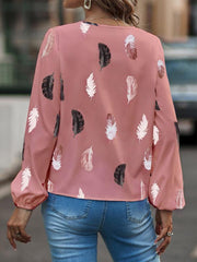 V Neck Feather Print Long Sleeve Oversized T-Shirt Shirt - 808Lush