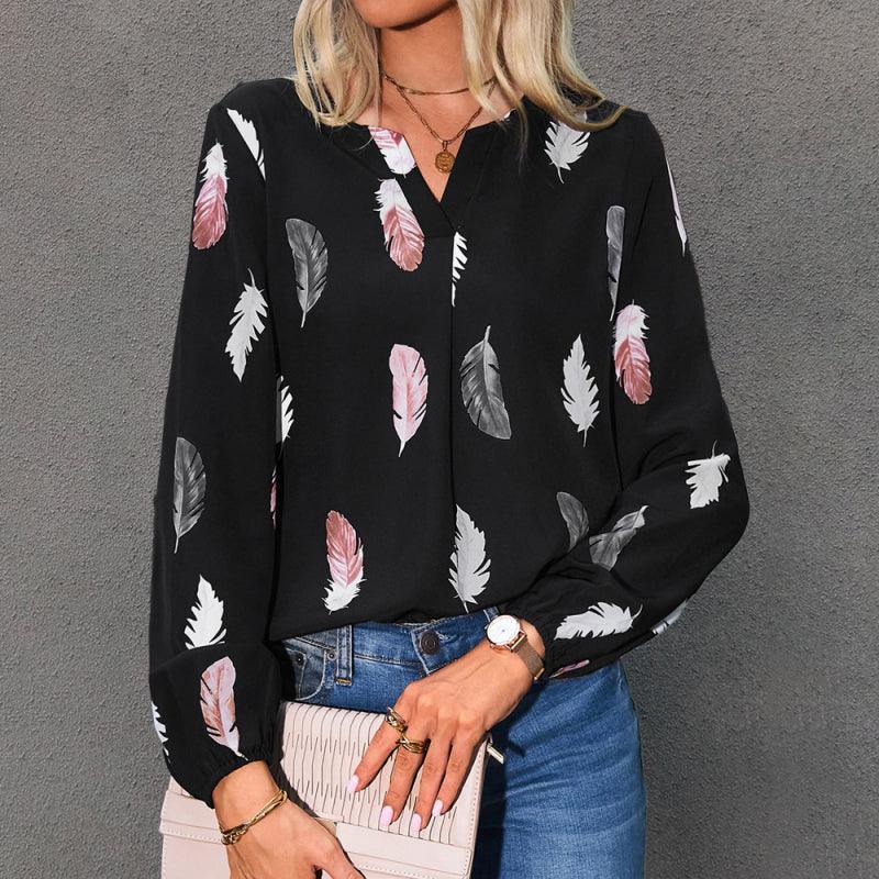 V Neck Feather Print Long Sleeve Oversized T-Shirt Shirt - 808Lush