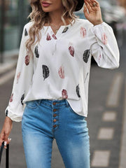 V Neck Feather Print Long Sleeve Oversized T-Shirt Shirt - 808Lush