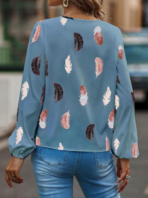 V Neck Feather Print Long Sleeve Oversized T-Shirt Shirt - 808Lush