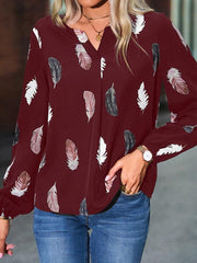 V Neck Feather Print Long Sleeve Oversized T-Shirt Shirt - 808Lush