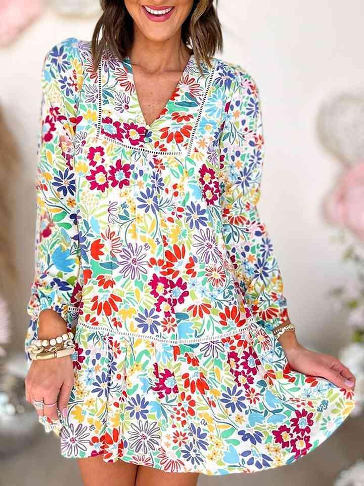 V-Neck Floral Print Long Sleeve Mini Dress - 808Lush