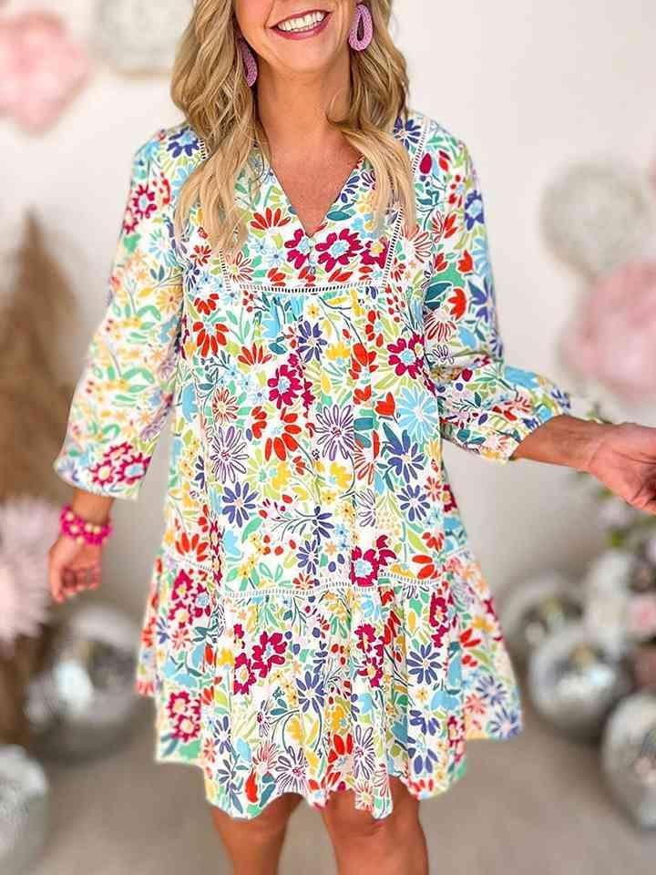 V-Neck Floral Print Long Sleeve Mini Dress - 808Lush