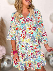 V-Neck Floral Print Long Sleeve Mini Dress - 808Lush