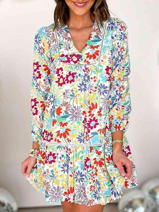 V-Neck Floral Print Long Sleeve Mini Dress - 808Lush