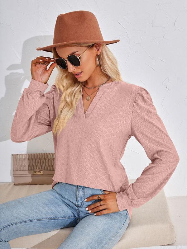 V Neck Jacquard Long Sleeve Loose T-Shirt Top Ladies - 808Lush