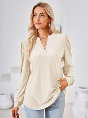 V Neck Jacquard Long Sleeve Loose T-Shirt Top Ladies - 808Lush