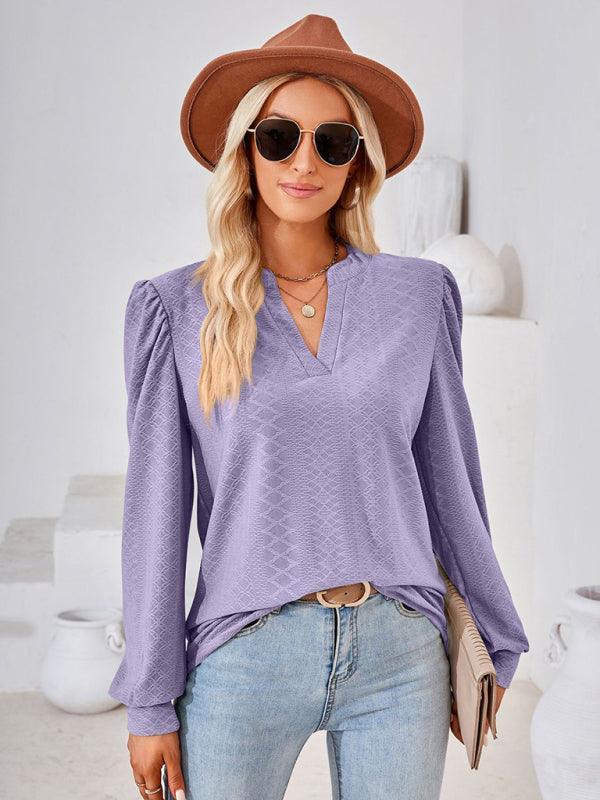 V Neck Jacquard Long Sleeve Loose T-Shirt Top Ladies - 808Lush