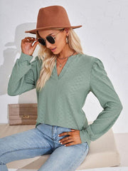 V Neck Jacquard Long Sleeve Loose T-Shirt Top Ladies - 808Lush