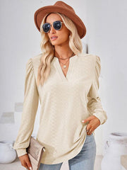 V Neck Jacquard Long Sleeve Loose T-Shirt Top Ladies - 808Lush