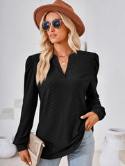 V Neck Jacquard Long Sleeve Loose T-Shirt Top Ladies - 808Lush