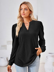 V Neck Jacquard Long Sleeve Loose T-Shirt Top Ladies - 808Lush