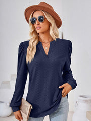 V Neck Jacquard Long Sleeve Loose T-Shirt Top Ladies - 808Lush