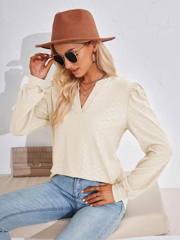 V Neck Jacquard Long Sleeve Loose T-Shirt Top Ladies - 808Lush