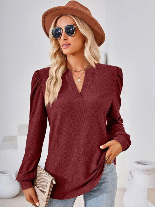 V Neck Jacquard Long Sleeve Loose T-Shirt Top Ladies - 808Lush