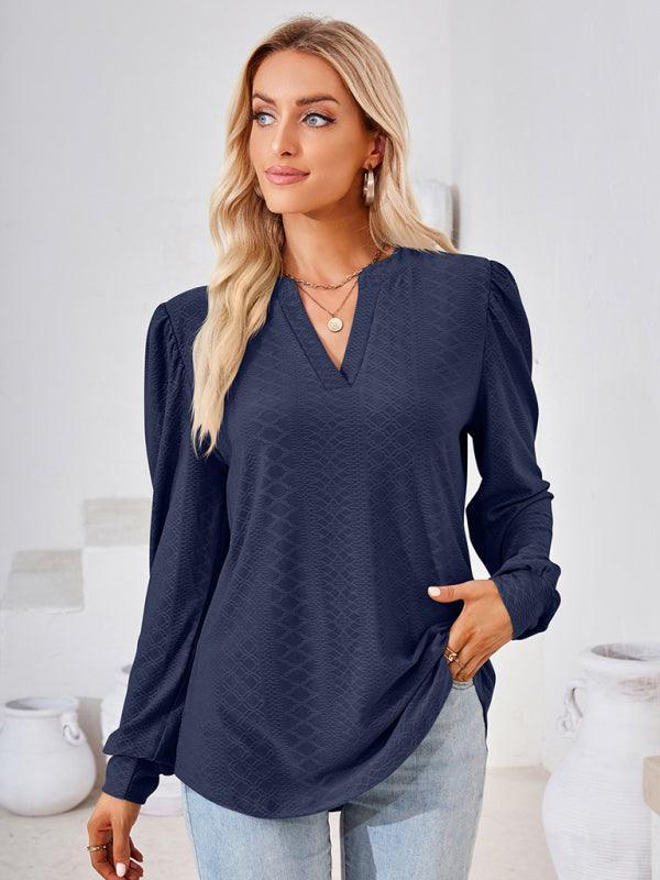 V Neck Jacquard Long Sleeve Loose T-Shirt Top Ladies - 808Lush