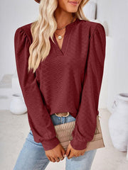 V Neck Jacquard Long Sleeve Loose T-Shirt Top Ladies - 808Lush