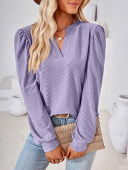 V Neck Jacquard Long Sleeve Loose T-Shirt Top Ladies - 808Lush