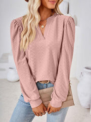 V Neck Jacquard Long Sleeve Loose T-Shirt Top Ladies - 808Lush