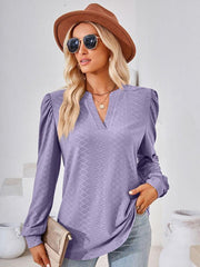 V Neck Jacquard Long Sleeve Loose T-Shirt Top Ladies - 808Lush