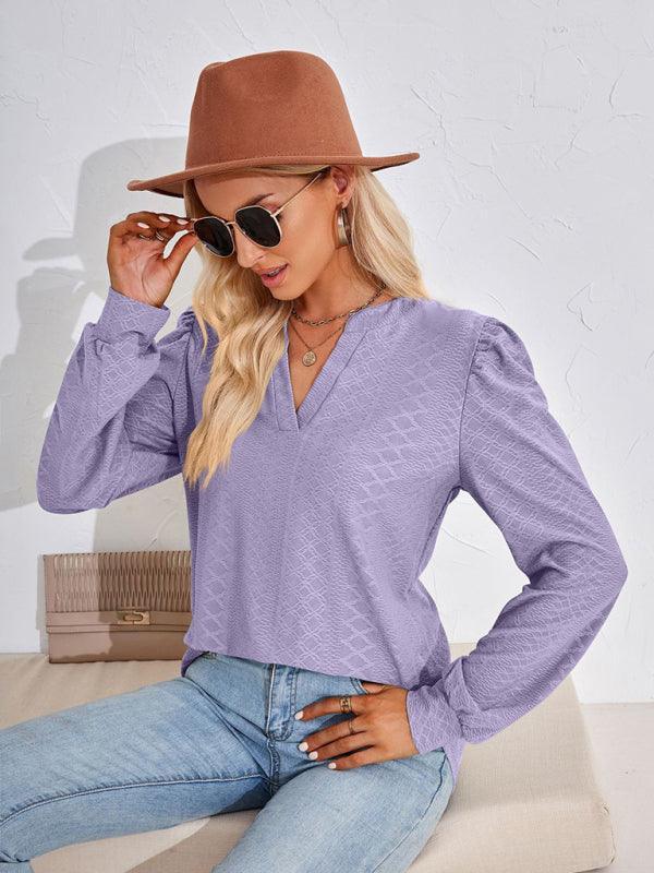 V Neck Jacquard Long Sleeve Loose T-Shirt Top Ladies - 808Lush