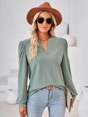 V Neck Jacquard Long Sleeve Loose T-Shirt Top Ladies - 808Lush