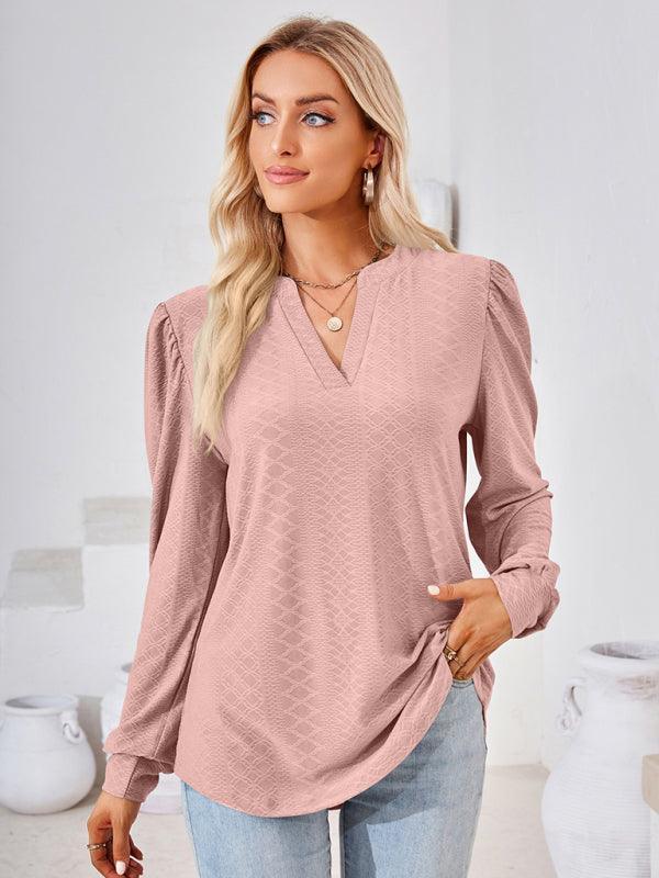 V Neck Jacquard Long Sleeve Loose T-Shirt Top Ladies - 808Lush