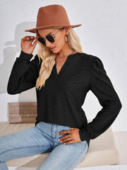 V Neck Jacquard Long Sleeve Loose T-Shirt Top Ladies - 808Lush