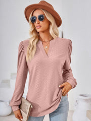 V Neck Jacquard Long Sleeve Loose T-Shirt Top Ladies - 808Lush