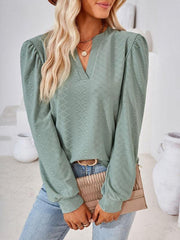 V Neck Jacquard Long Sleeve Loose T-Shirt Top Ladies - 808Lush