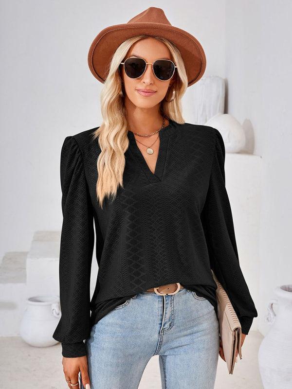 V Neck Jacquard Long Sleeve Loose T-Shirt Top Ladies - 808Lush