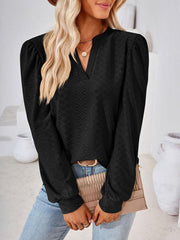 V Neck Jacquard Long Sleeve Loose T-Shirt Top Ladies - 808Lush