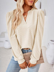 V Neck Jacquard Long Sleeve Loose T-Shirt Top Ladies - 808Lush