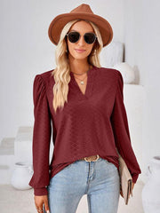 V Neck Jacquard Long Sleeve Loose T-Shirt Top Ladies - 808Lush