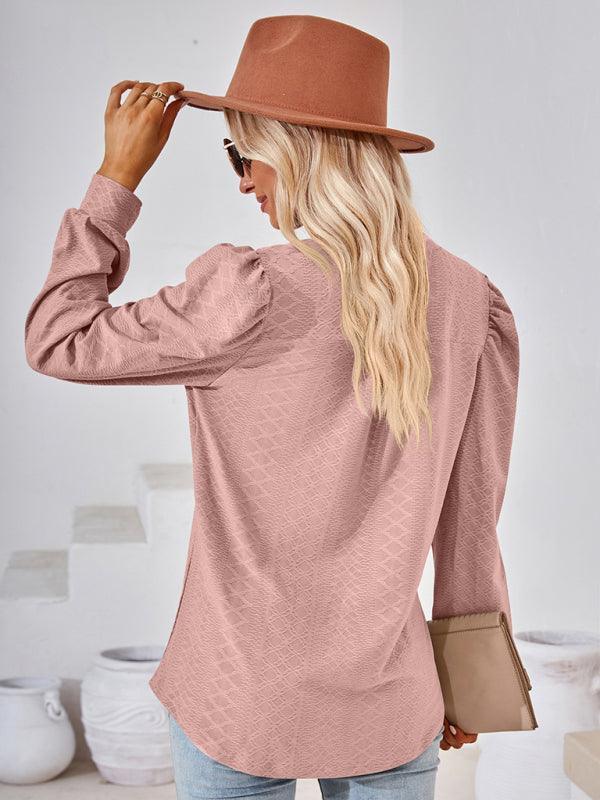 V Neck Jacquard Long Sleeve Loose T-Shirt Top Ladies - 808Lush