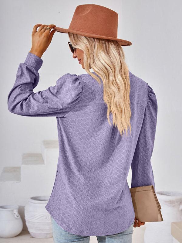 V Neck Jacquard Long Sleeve Loose T-Shirt Top Ladies - 808Lush