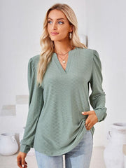 V Neck Jacquard Long Sleeve Loose T-Shirt Top Ladies - 808Lush