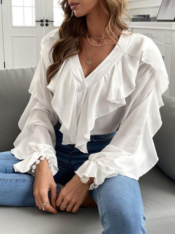 V Neck Ruffle Top Shirt Long Sleeves - 808Lush