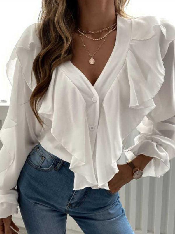 V Neck Ruffle Top Shirt Long Sleeves - 808Lush