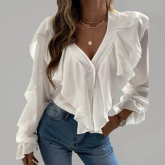 V Neck Ruffle Top Shirt Long Sleeves - 808Lush