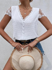 V-Neck Shirt Collar Sleeve Panel Lace Trim Shirt - 808Lush