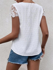 V-Neck Shirt Collar Sleeve Panel Lace Trim Shirt - 808Lush