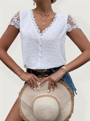 V-Neck Shirt Collar Sleeve Panel Lace Trim Shirt - 808Lush