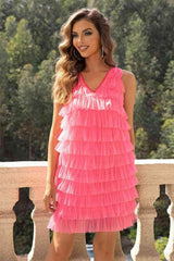 V-Neck Tiered Sleeveless Mesh Dress - 808Lush