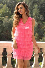 V-Neck Tiered Sleeveless Mesh Dress - 808Lush