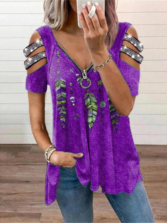 V Neck Zipper Pullover Positioning Print Short Sleeve Loose T-Shirt Women Tops - 808Lush